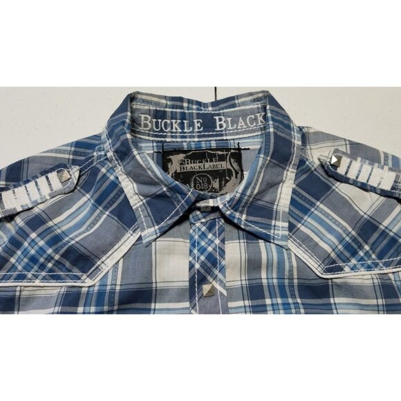 Buckle Black Long Sleeve Pyramid Snap Blue Plaid Slim Fit Shirt Men's Size Small - Picture 5 of 13